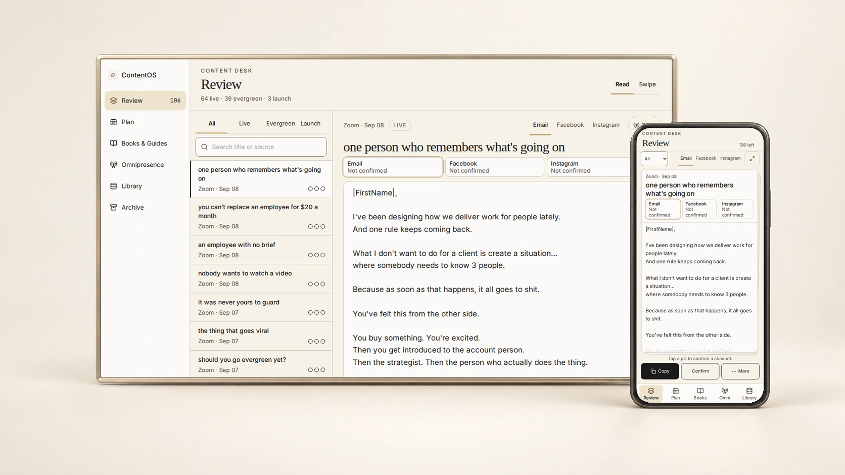 The real Calls to Content desktop and phone screens, presented in a styled gold display and graphite phone mockup.