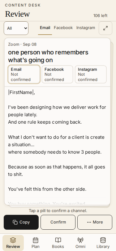 Real mobile screen of the app with the review draft, Copy, Confirm and More controls.